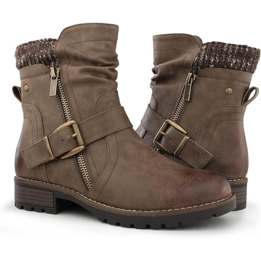 Hawkwell Womens Khaki Fashion Combat Ankle Booties With Side Zipper Buckle